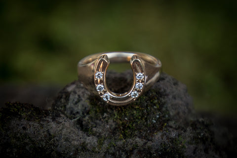 Horse Shoe Ring - 9ct Gold - Solid Shank -  Diamonds