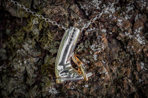 Riding Boot Pendant - Sterling Silver - 9ct Gold Stirrup - Sapphires