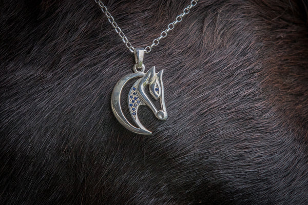 Horse Head Pendant - Sterling Silver - Sapphires