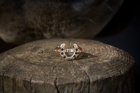 Horse Shoe Ring - 9ct Gold - Split Shank - Sapphires