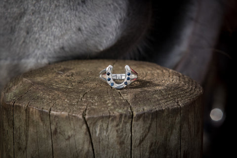 Horse Shoe Ring - Sterling Silver - Split Shank - Sapphires